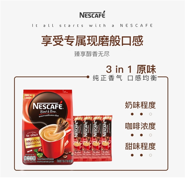 160元大额券 雀巢三合一泰国进口混合咖啡粉108条39.6元