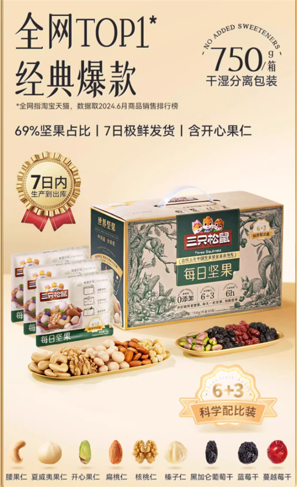 0添加健康好吃！三只松鼠每日坚果750g/30包：领20元券 49元起